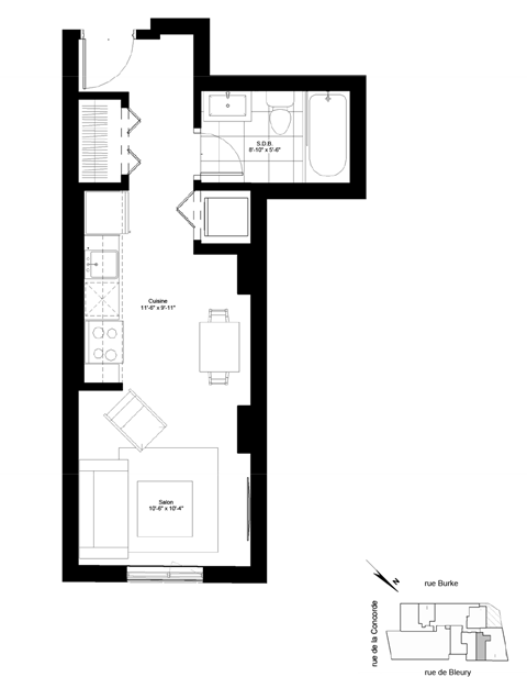 Floor plan for studio, 1 bath, 399 sqft